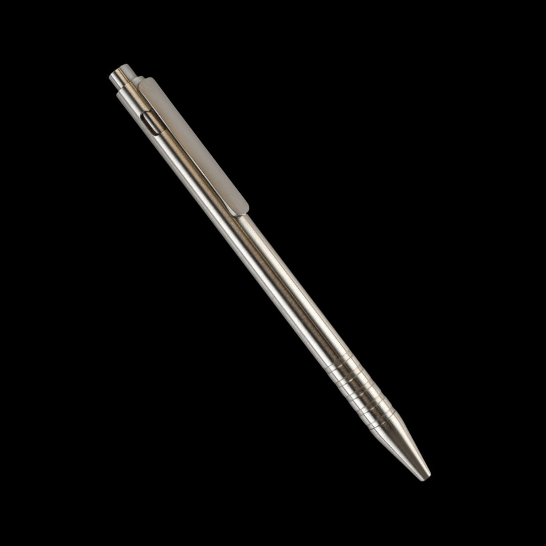 ADJUSTABLE BOLT ACTION PEN WITH CLIP in titanium on a black background