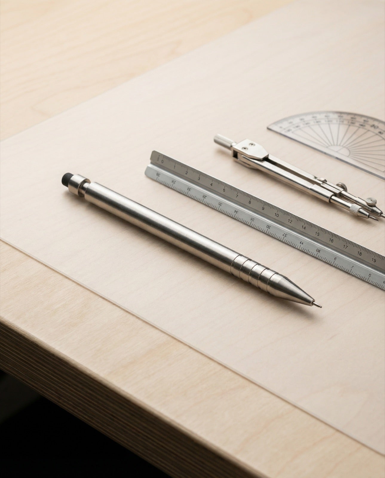 Stainless Modern Fuel pencil on a drafting table beside a ruler, compass, and protractor